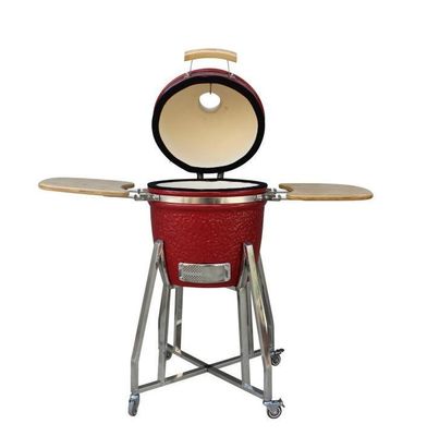 Kamado 15 Pouces Charcoal Céramique Fumeur Rouge Couleur 39cm Avec Chariot Et Tables D'Appoint